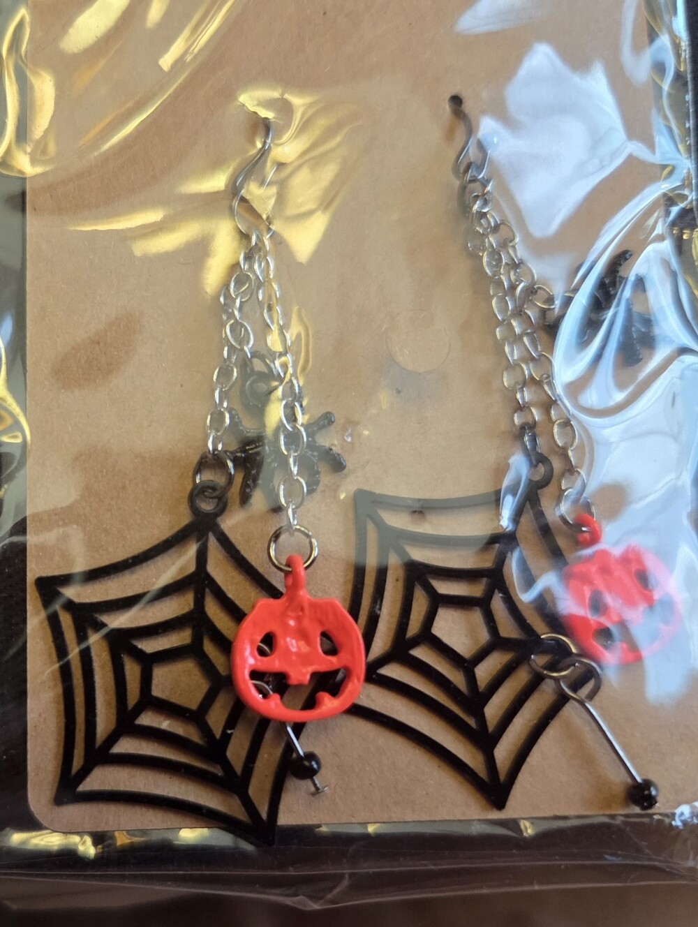 Halloween Spiderweb Dangle Earrings with Pumpkin Charm